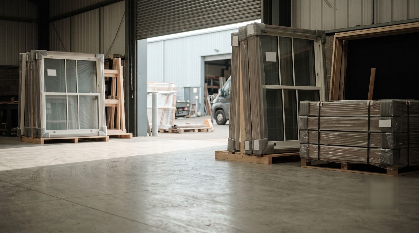 Newly made timber sash windows, wrapped and labelled on pallets, ready for delivery to site